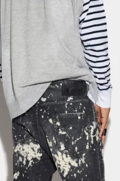Black Bleached Studs Wash Relax Long Crotch Jeans