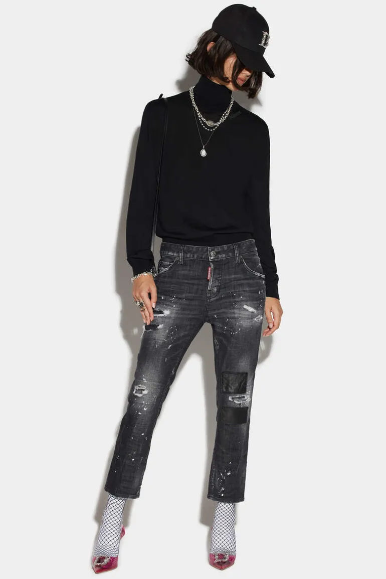 Black Ripped Leather Patch Wash Cool Girl Cropped Jeans