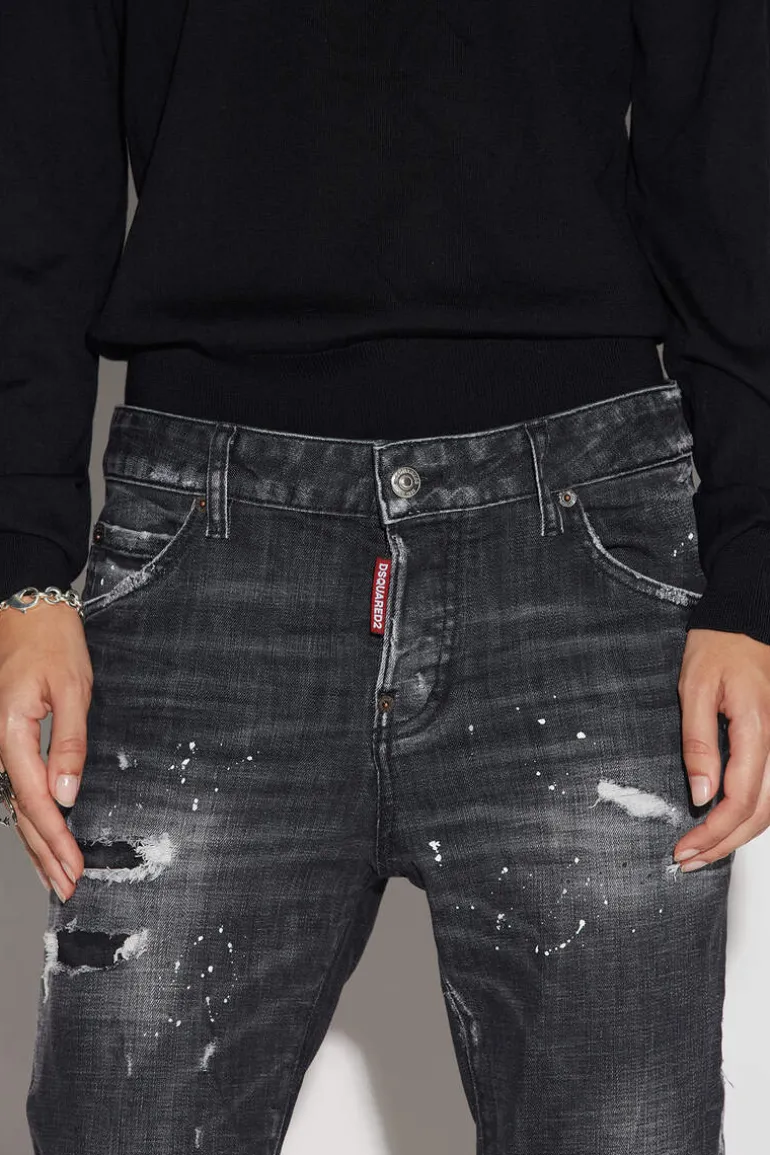 Black Ripped Leather Patch Wash Cool Girl Cropped Jeans