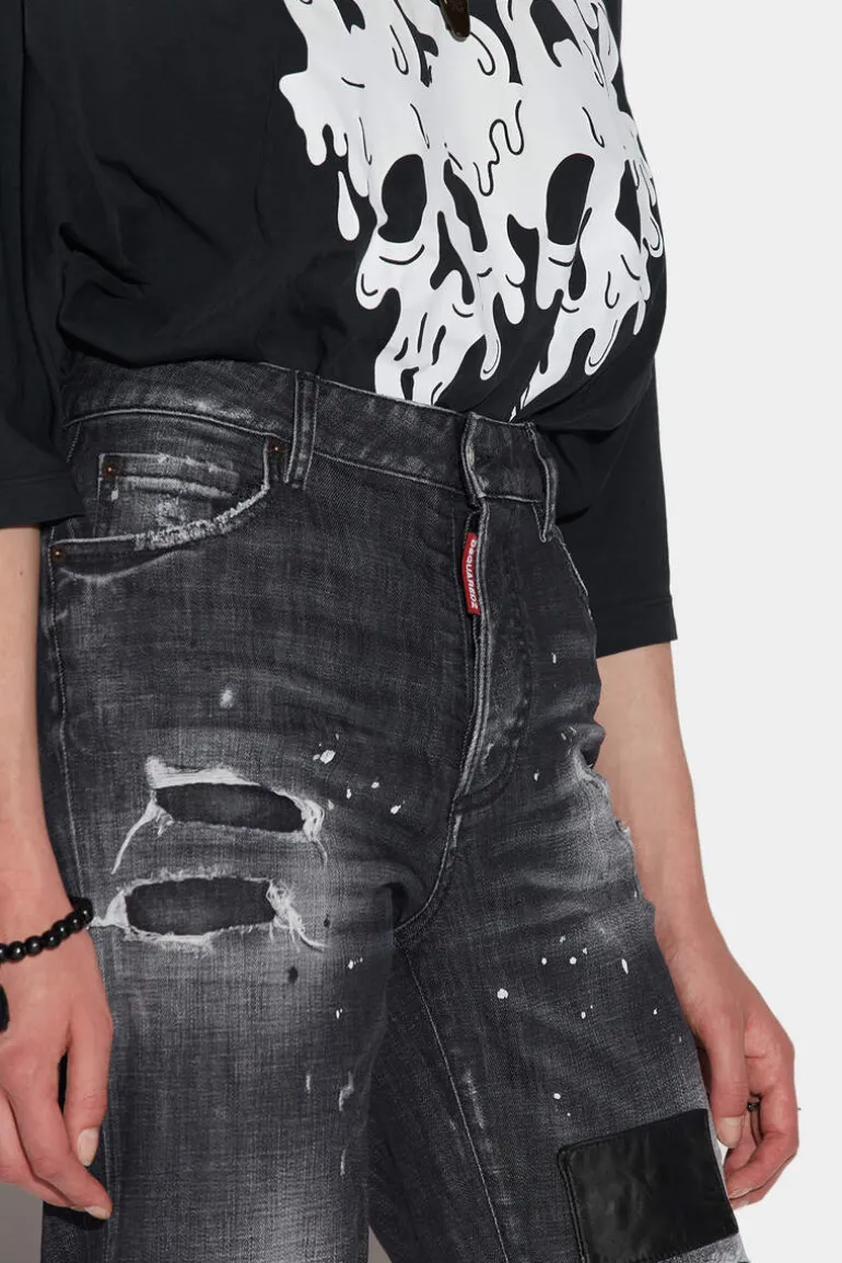 Black Ripped Leather Patch Wash Boston Jeans