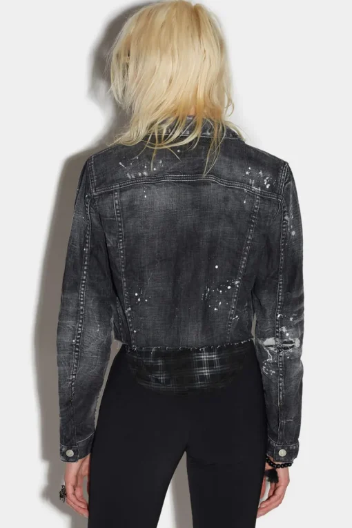 Black Ripped Wash Mix Check Jean Jacket